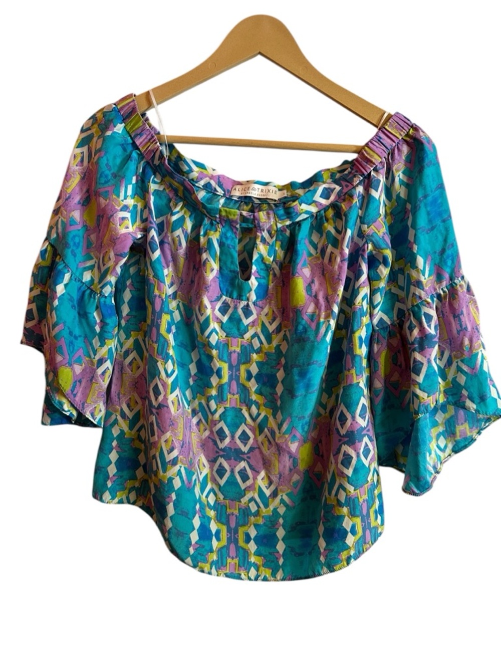 Alice & Trixie Teal Multicolor Geometric Off-Shoulder Blouse
